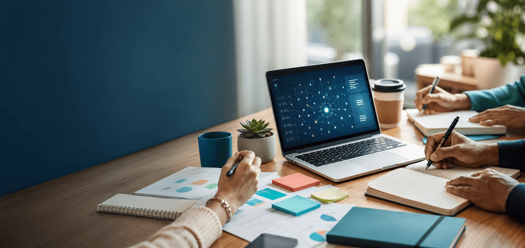AI learning workshop table with laptop, notebooks, and collaboration materials